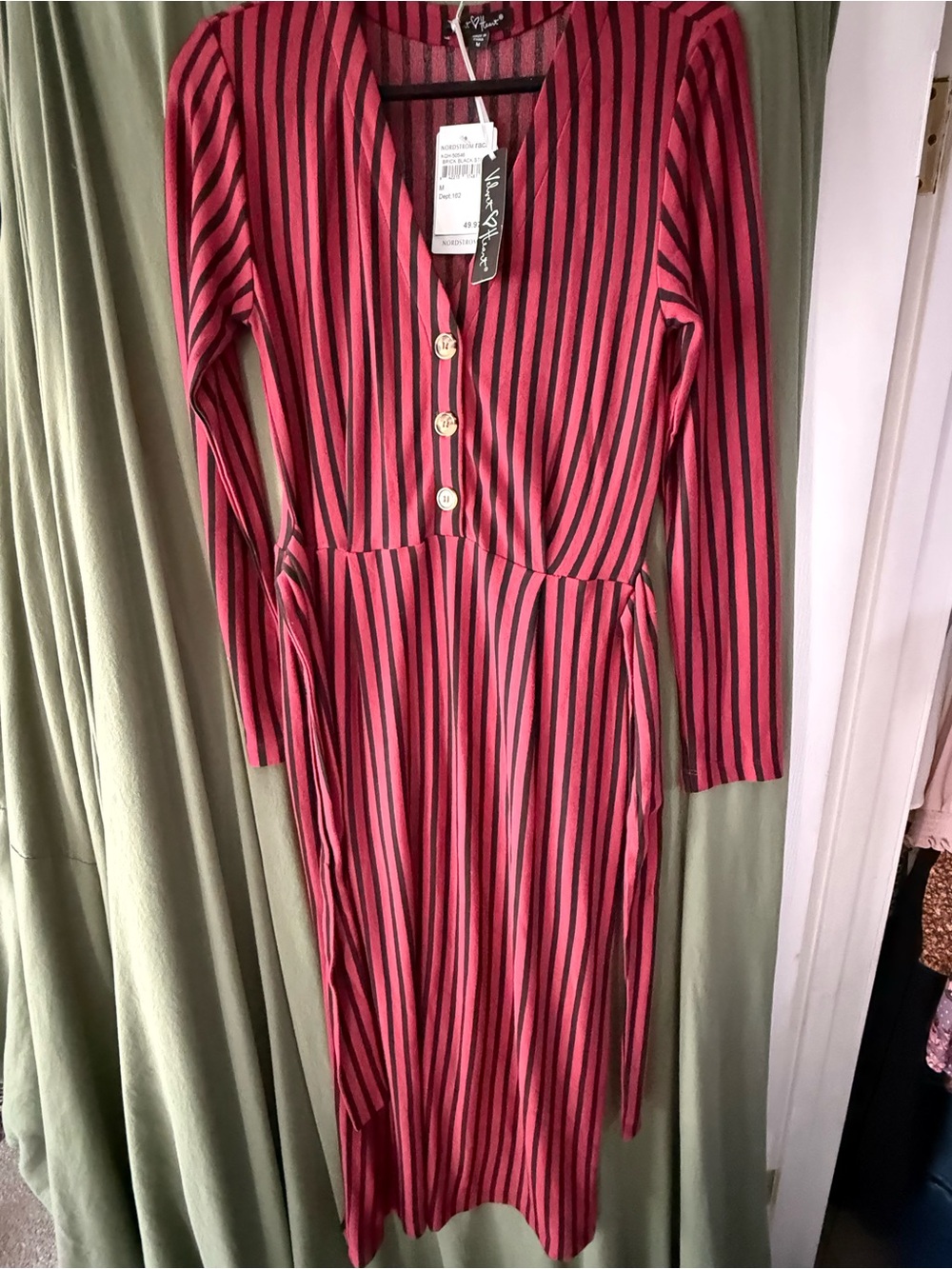 Velvet Heart Red & Black Striped Long Sleeve Midi Dress with Tie Waist sz M - Picture 7 of 7